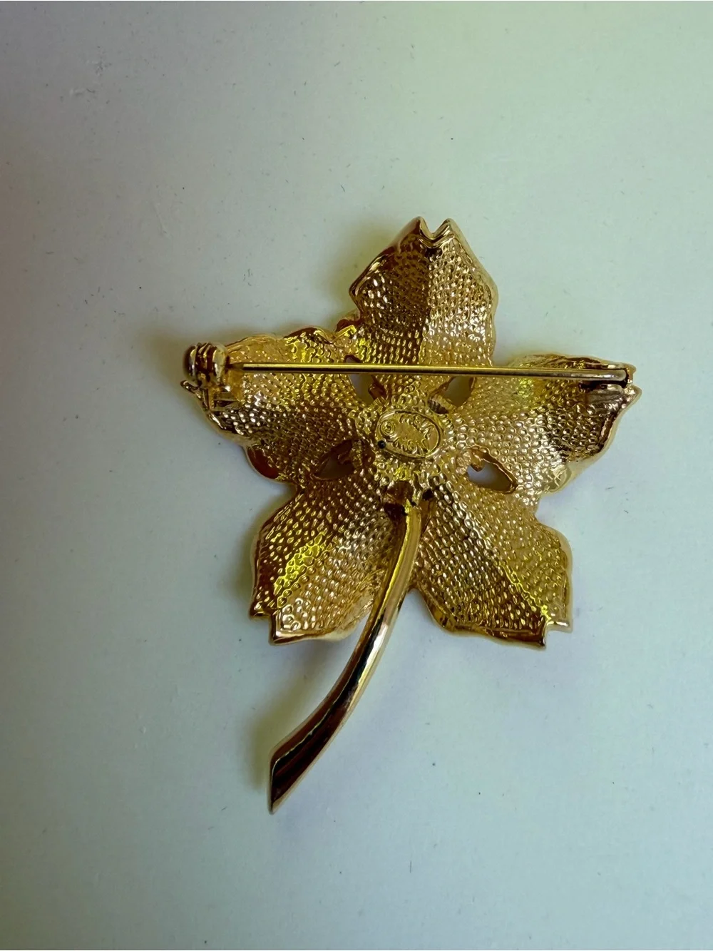 Gold Flower Brooch with Clear Crystal Center - New View